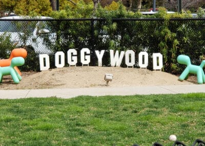 Sign in the ground spelling "Doogywood"