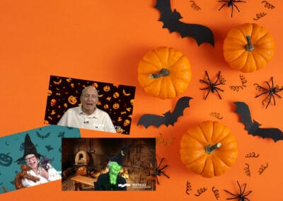 A photo of a man dressed as a witch and a pumpkin on an orange background.