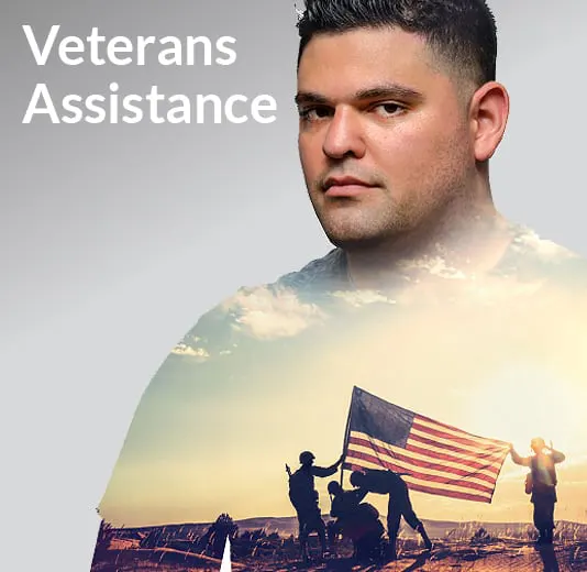 A man holding an american flag with the words veterans assistance.