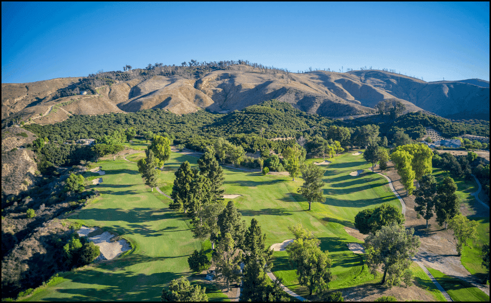An aerial view of a golf course in california.