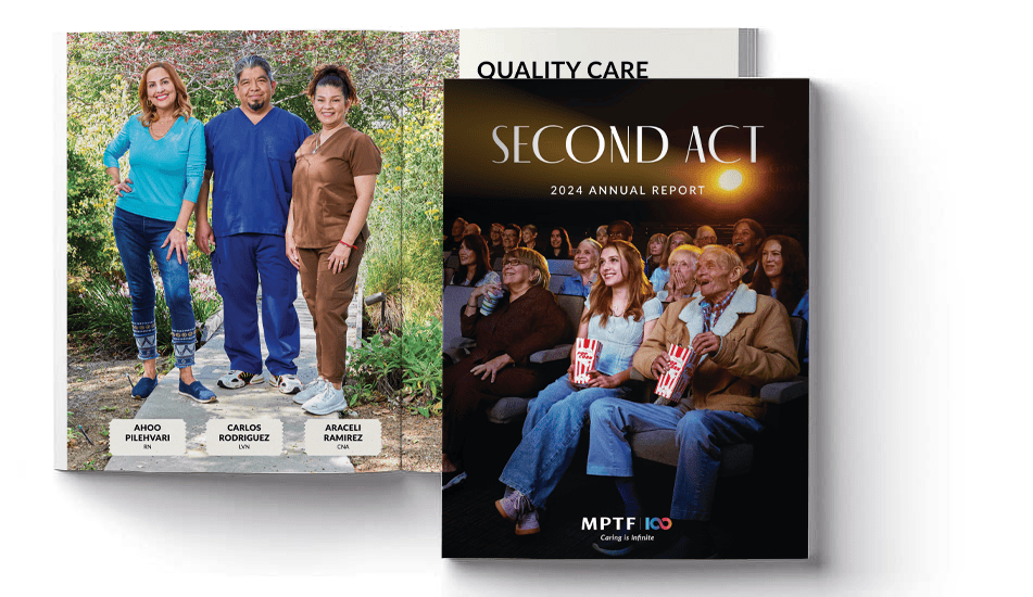 Cover image of a 2023 annual report featuring a group photo of people smiling and posing. An adjacent page showcases two individuals sitting against a blue background.